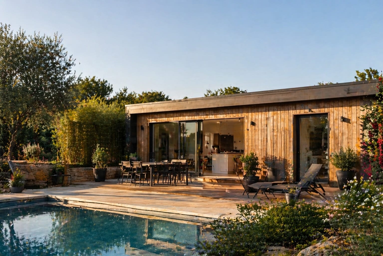 maison bois de 50m2 en bois avec toiture terrasse près d'une piscine