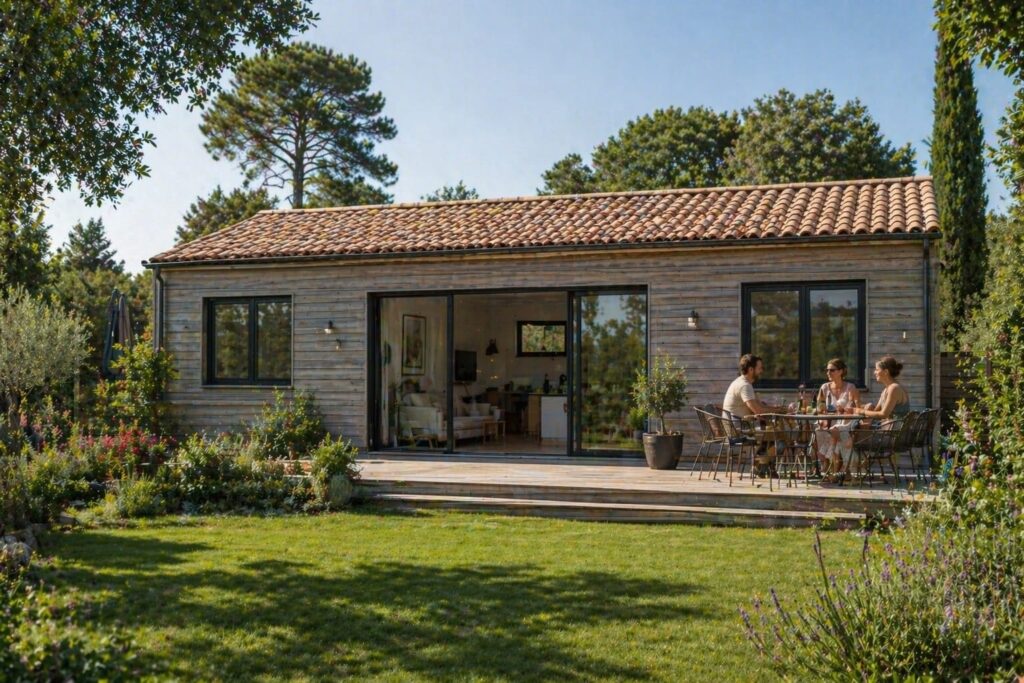 petite maison en bois de 50m2 bardage gris et toiture en tuiles