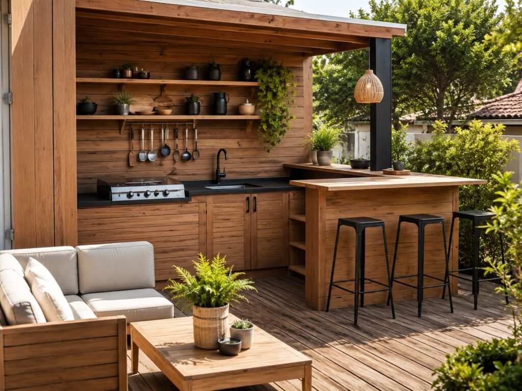 Cuisine d'été en bois - structurer un vrai espace pour cuisiner dehors